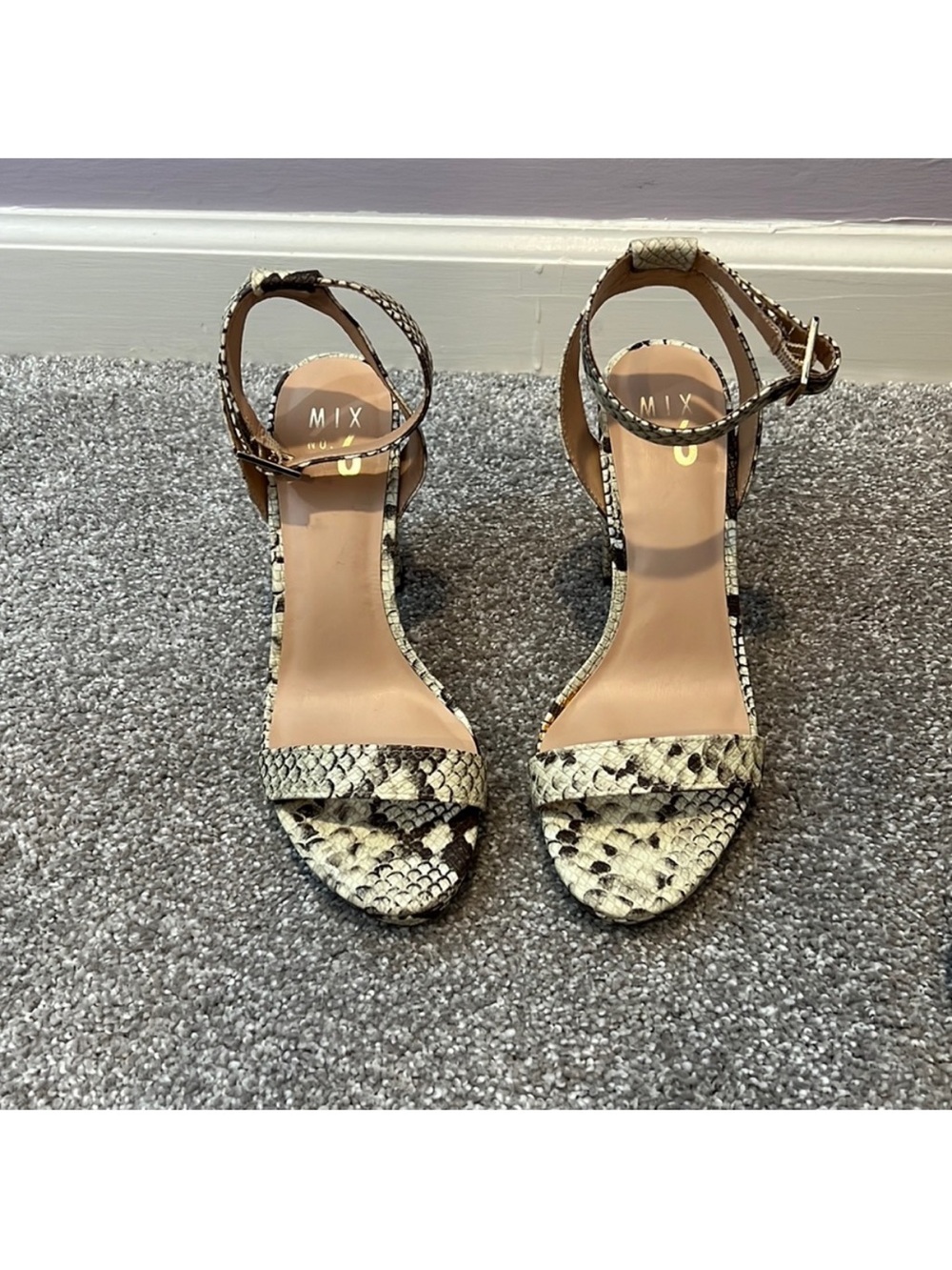 Mix No. 6 Snake-Print Ankle Strap Heels in Beige and Black